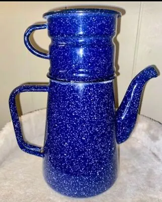 Vintage Blue Fleck Enamel French Biggie Style Percolator Drip Coffee Pot • $14.99