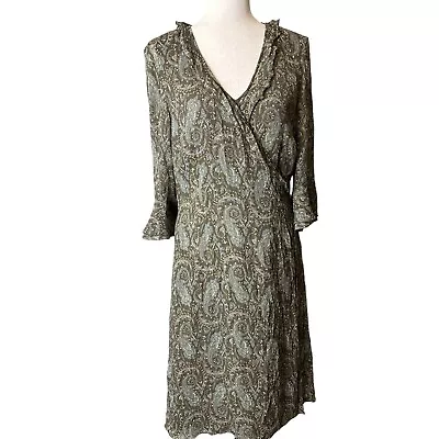 J Jill Paisley Ruffle Boho 100% Silk Midi Wrap Dress 3/4 Sleeve Women's Sz 12 • $38