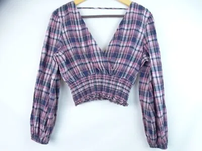 Zara Women's Check Crop Top Size XS Pink Plaid Long Sleeve V-Neck Cropped Shirt • $23.76