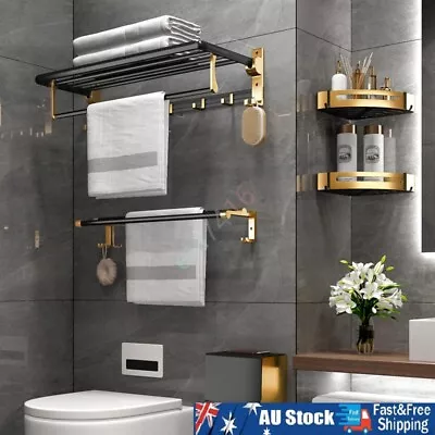 Bathroom Accessories Set Towel Rack Rail Shelf Hook Bar Holder Black & Golden  • $19.95