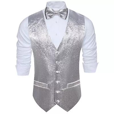 Barry Wang Mens Waistcoats Silver Shiny Bowtie Vest Wedding Party Prom Gilet • $47.98