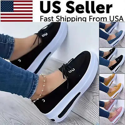 Women Block Shoes Slip On Closed Toe Platform Flat Wedge Casual Lace Up Sneakers • $15.89