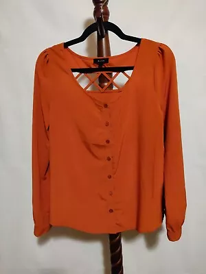 Mine Womens Size L Top Orange LS Scoop Neck Button Up Holes On Upper Back EUC • $18.85