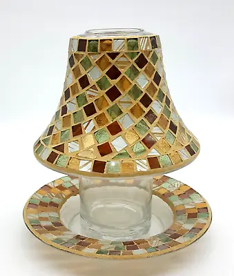 Yankee Candle Glass Mosaic Tile Shade Plate Brown Green For Large Jar Candle • $28