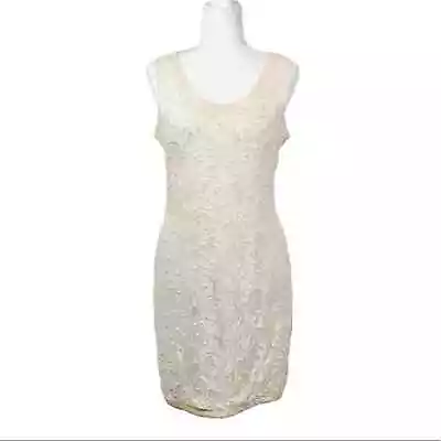 Vintage Couture Scala Beaded & Pearl Embellished Sheath Dress Medium Eggshell • $69.95