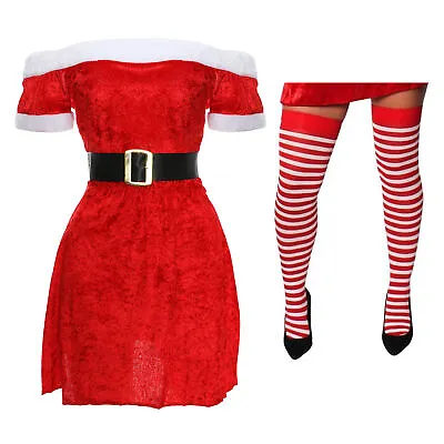 £17.99 • Buy Ladies Miss Santa Velour Dress & Tights Mrs Claus Christmas Adult Fancy Dress