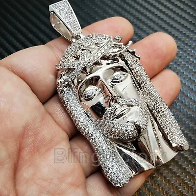 Hip Hop Iced White Gold Pt Brass Micro Pave Bling Jesus Head Bust Down Pendant  • $49.99