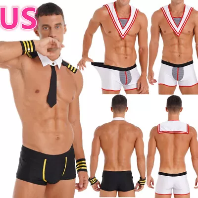 US Men Sexy Captain Cosplay Costume Lingerie Dance Boxer Brief With Collar Cuffs • $12.35