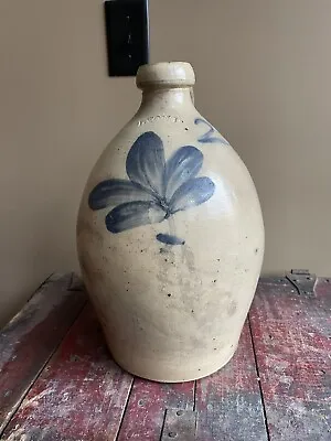 Antique 2 Gallon Lyons Salt Glazed Blue Cobalt Decorated Flower Jug • $312.49