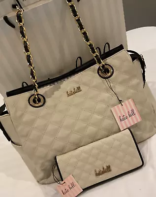 Women’s Kate Hill Quilted Cream Black Tote HandBag & Wallet Set. NEW. • $158