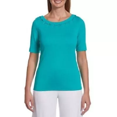 Rafaella Spectra Green Petite Lace Eyelet Neck Top NWT XLP • £11.67