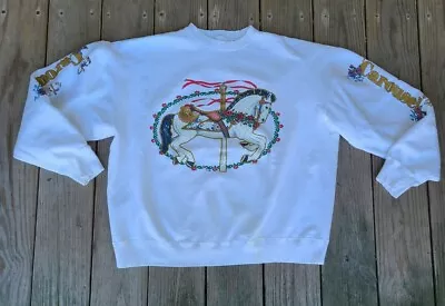 Vintage White Carousel Horse Floral Merry Go Round Double Sided Sweatshirt  • $24.99