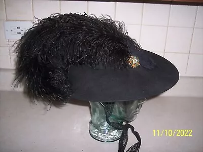 Vintage Black Edwardian Style Ladies Mourning Hat W/ Black Ostrich Feathers 23  • $150