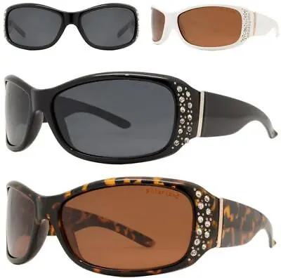 Womens Small Polarised Wrap Around Sunglasses Black Rhinestone For Ladies • £14.99