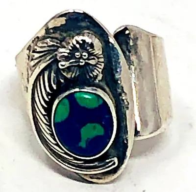 Unique Vintage Southwestern Ring Sz.9 Sterling & Turquoise Ring Signed S.J. • $65