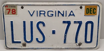 $9.95 • Buy 1978 Virginia VA License Plate Tag # LUS-770 Original Vintage White  