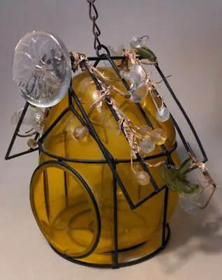 Vintage Murano Style Caged Blown Glass Yellow Birdhouse With Glass Leaves/Beads • $40