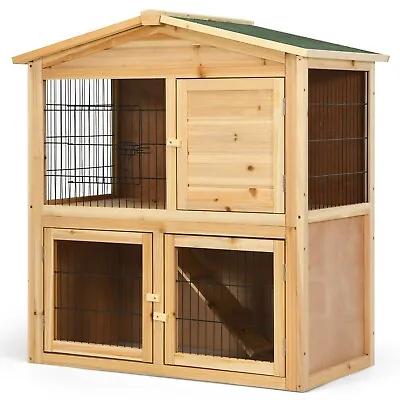 Wood Rabbit Hutch Double Decker Guinea Pig Ferret Cage With Ramp Waterproof Roof • £89.95