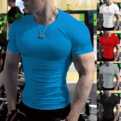 Men's T-Shirt Bodybuilding Gym Tops Slim Sports Fitness Tight Short Sleeve Tee • £8.99