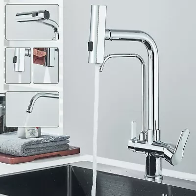 Chrome 3Way Kitchen Mixer Taps Pure Water Filter Pull Out Spray Swivel Spout Tap • £59