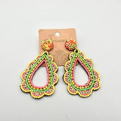 Earrings Boho Multicolor Beaded Scalloped Teardrop Pink Yellow Green 2.75  Drop • $10.39