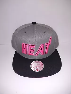 Mitchell & Ness NBA Miami Heat Gray / Black Neon Pink Logo Snapback Hat Cap • $34.99