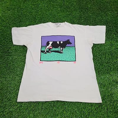 Vintage 90s Funny Colorful Cow Artwork Frame Shirt L/LX-Short 22x26 White Neon • $36.83