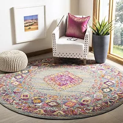 Madison Collection Area Rug - 6'7  Round Light Grey & Fuchsia Boho Chic Med... • $117.20