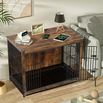 Spacious Dog Crate End Table Pet Kennel House Indoor Wooden Furniture Brown Cage • £72.91