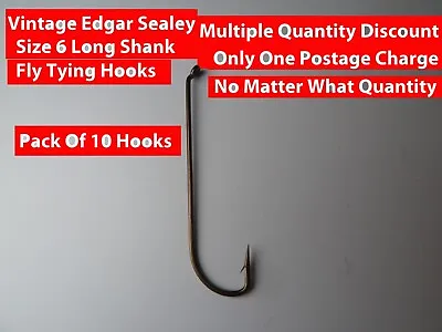 Vintage Sealey Barbed Size 6 Fly Tying Long Shank Fishing Hooks Pack Of 10 H3 • $4.97