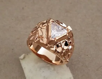 Men's Rose Pink Gold Plated Clear Trilliant Cut CZ Solitaire Nugget Ring 10 • $17.50
