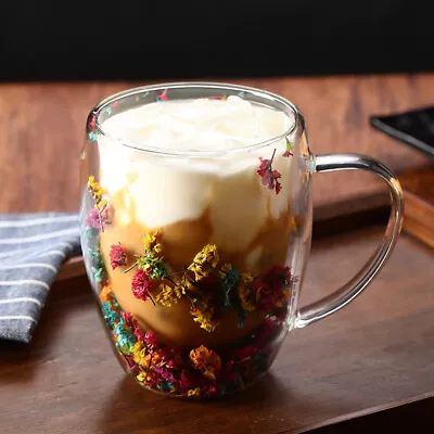 Double Wall Insulated Dry Flowers Glass Cup Milk Tea Coffee Mug With Handle UK • £7.69