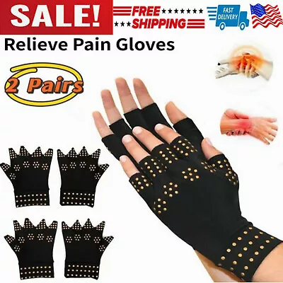 2 PCS Arthritis Gloves Fingerless Copper Compression Medical Support Therapeutic • $10.50