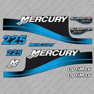Mercury 225hp Optimax BlueWater Series Outboard Engine Decals BLUE Sticker Set • $51.29