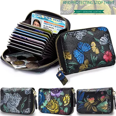 Vintage Flower Hand Painted Cowhide Leather Wallet RFID Blk Small Card Bag Gifts • $9.29