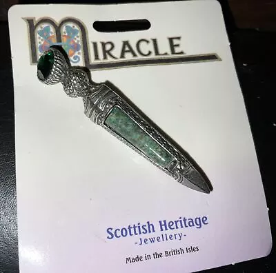 Vintage Miracle Green Gemstone Scottish Dirk Dagger Brooch Kilt Pin • $21