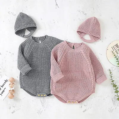 Newborn Infant Baby Solid Knit Romper Cotton Long Sleeve Boy Girl Sweater Hats • £13.95