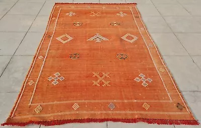 Authentic Hand Knotted Vintage Morocco Sumouk Kilim Silk Area Rug 4.6 X 2.10 Ft • $51