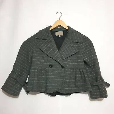 $5 • Buy Decjuba Jacket Sz 8 Grey Striped Wool Blend Cropped Lined Collar 3/4 Sleeves