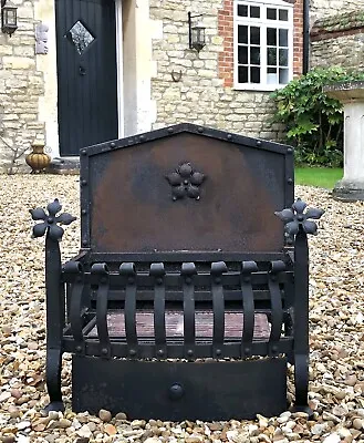 Gothic Cast Iron Fire Basket Grate Log Coal Fireplace Arts & Crafts Large Heavy • £229.95