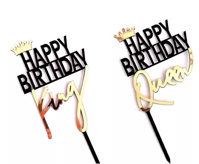 Acrylic Cake Topper Happy Birthday King Queen Black Gold Cake Decoration • £2.79