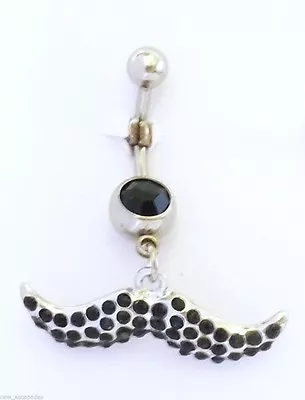 Belly Ring Mustache Black Gemmed Dangle Naval Steel Body Jewelry • $8.99