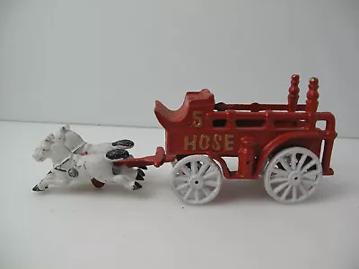 Vtg Cast Iron 2 White  Horse Drawn #5 Hose Fire Wagon Carriage • $45