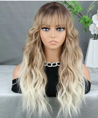 Wig - Human Hair Blend - Strawberry Blonde Ombre  - Layers Bangs Natural Heat • $59.99