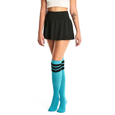 Skatersocks 30 Inch Overknee High Striped Tube Socks IN Retro Style Aqua/Blk • $22.47