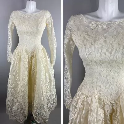 Vtg 50s Wedding Dress Off White Floral Lace Button Back Tea Length Size XS • $99.99