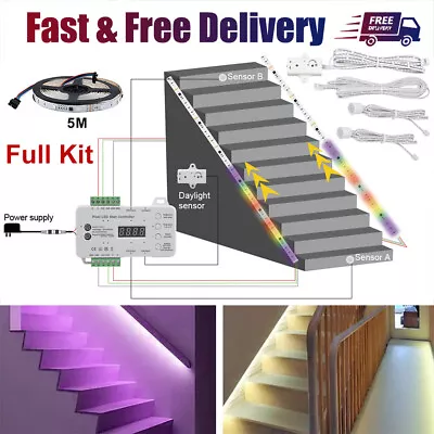 RGB Pixel Stair Lighting Controller LED Light PIR Motion Sensor Dynamic WS2818 • £46.55