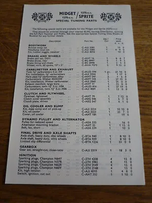 MG MIDGET AND HEALEY SPRITE 1275 Cc SPECIAL TUNING PRICE LIST BROCHURE • $8.70