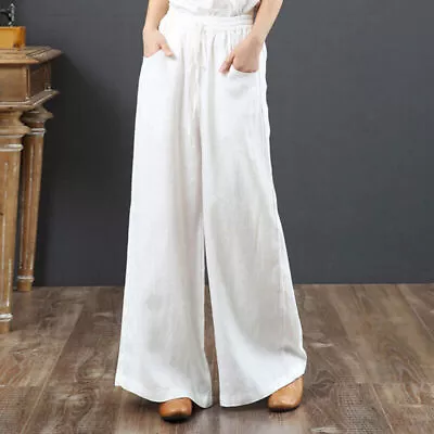 Cotton Linen Baggy Long Trousers Casual Elastic High Waist Wide Leg Pants Womens • $9.99