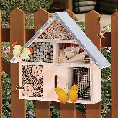 Large Insect Bug Bee Hotel Hanging Wooden House Ladybird Nest Wood Metal Shelter • £14.99